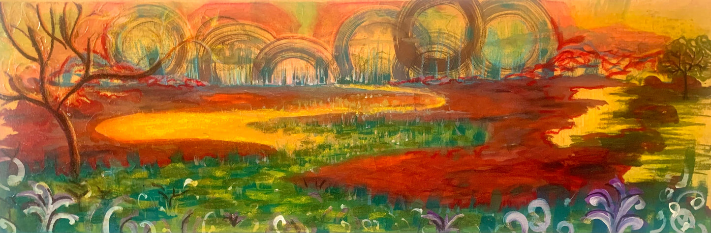 Colorful abstract landscape with arches and trees