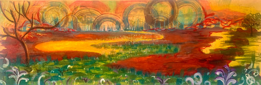 Colorful abstract landscape with arches and trees