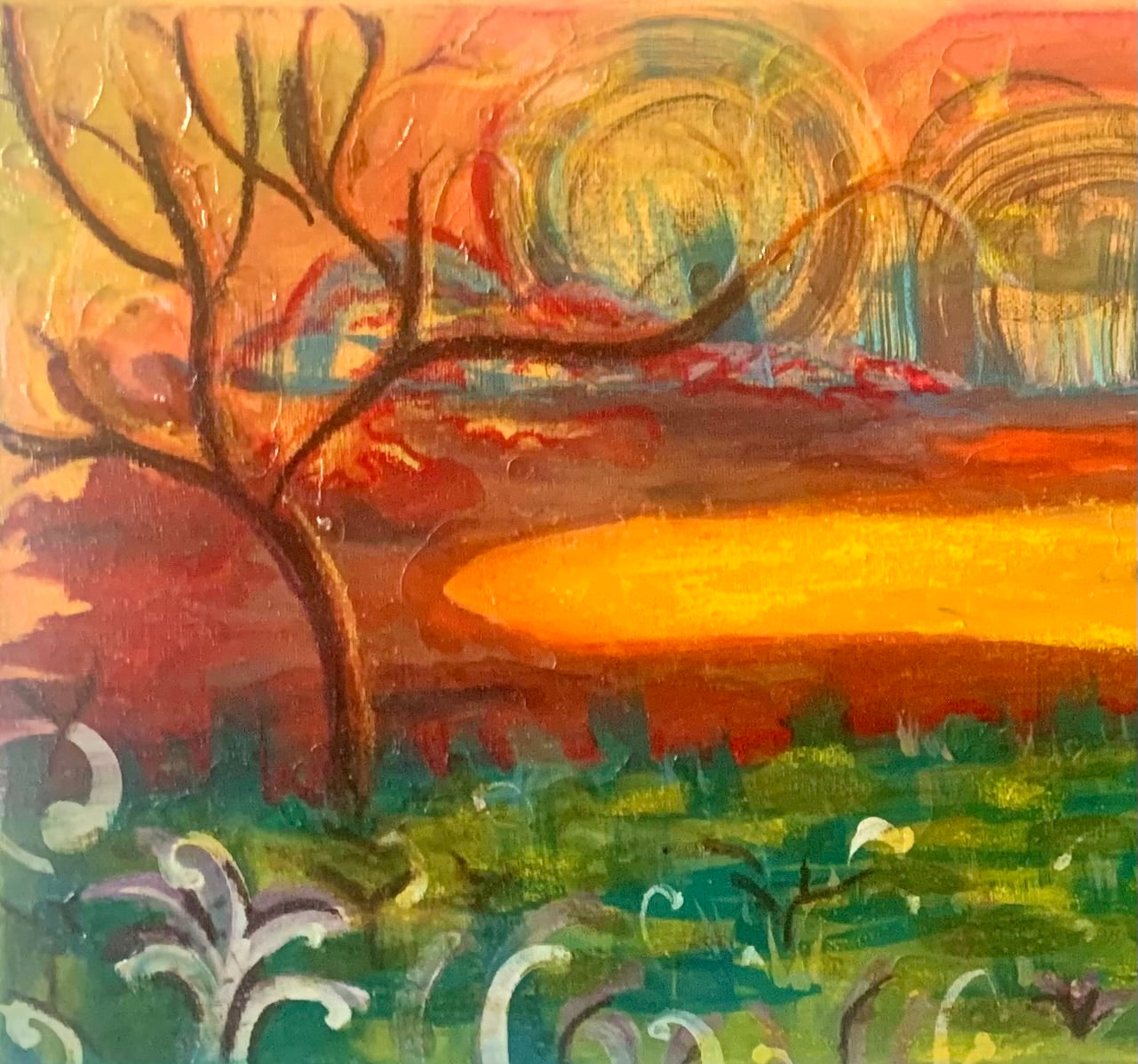 Colorful abstract landscape with a tree and sun