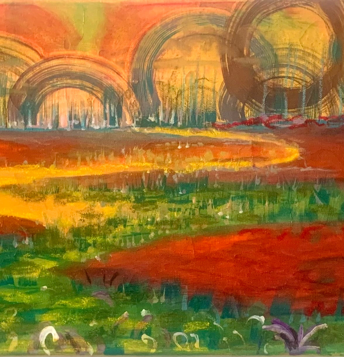 Abstract painting with vibrant colors and geometric shapes